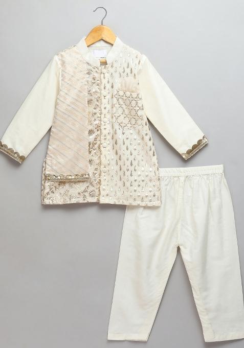 Off White Embroidered Cotton Silk Kurta Set Eid For Boys