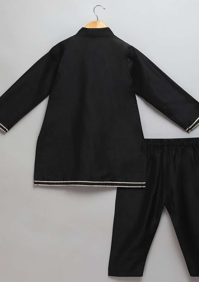 Black Embroidered Cotton Silk Kurta Set Eid For Boys - Indya