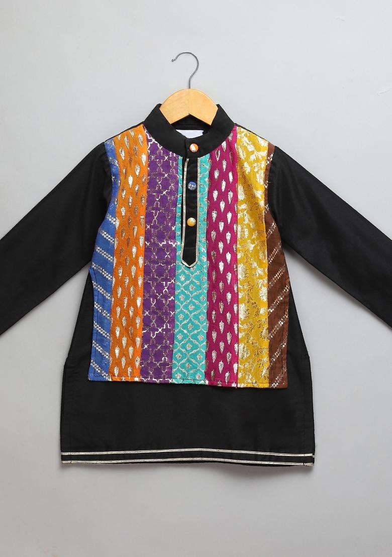 Black Embroidered Cotton Silk Kurta Set Eid For Boys