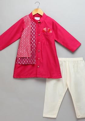 Pink Embroidered Cotton Silk Kurta Set Eid For Boys
