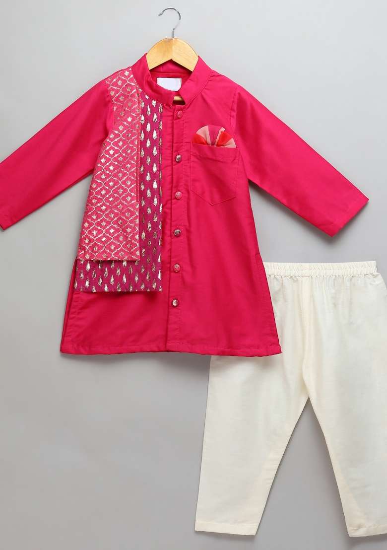 Pink Embroidered Cotton Silk Kurta Set Eid For Boys - Indya