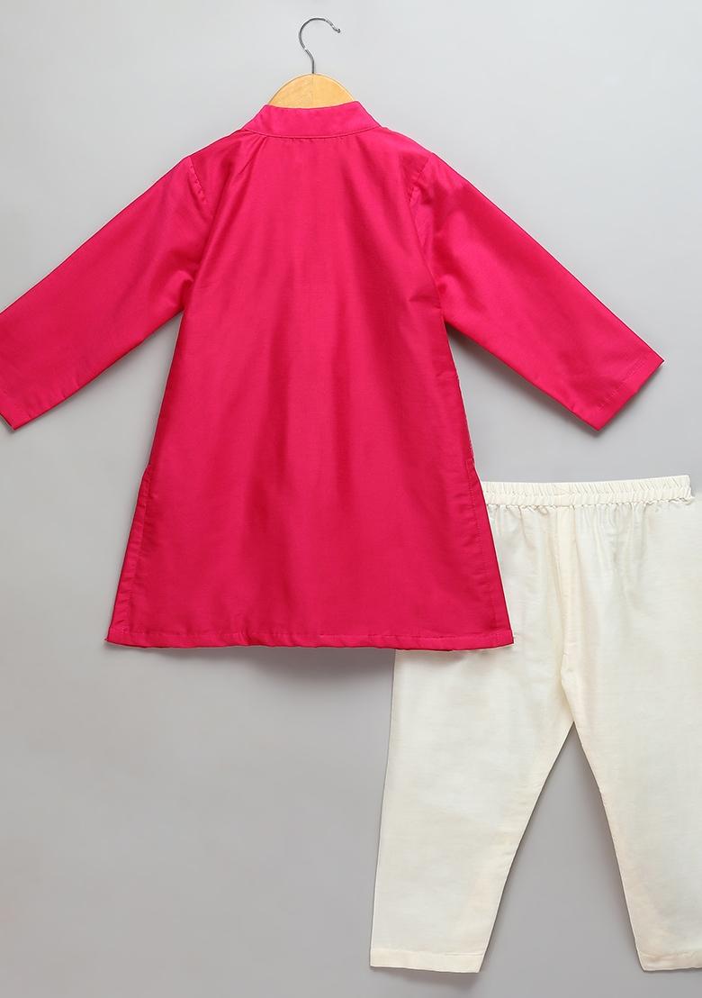 Pink Embroidered Cotton Silk Kurta Set Eid For Boys