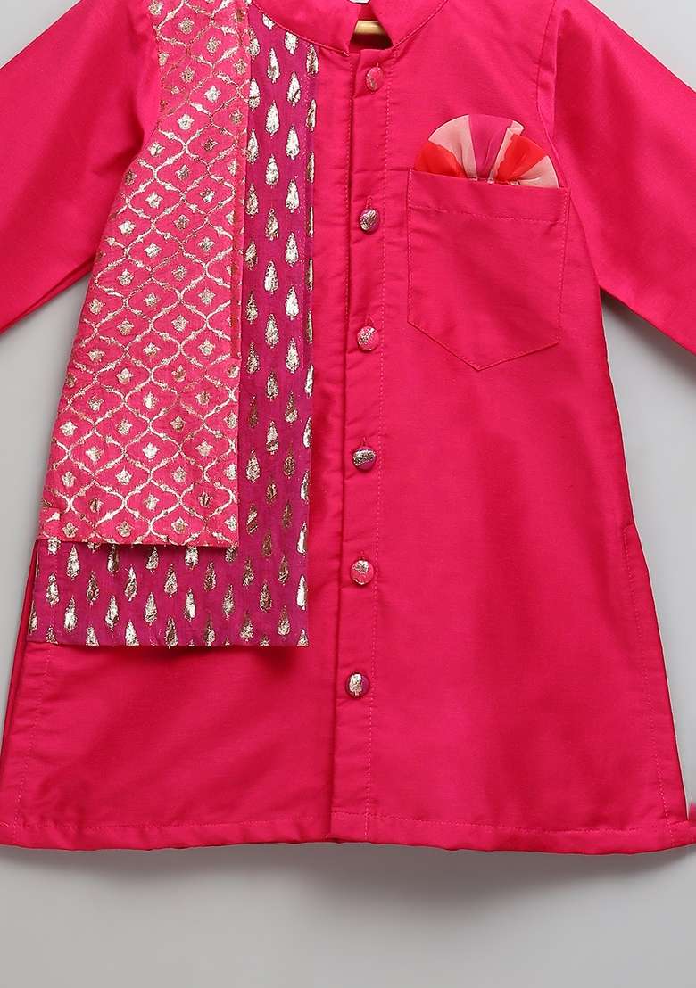 Pink Embroidered Cotton Silk Kurta Set Eid For Boys - Indya