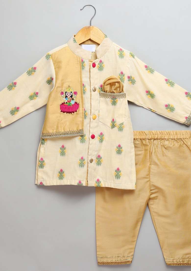 Beige Embroidered Cotton Silk Kurta Set Diwali For Boys - Indya