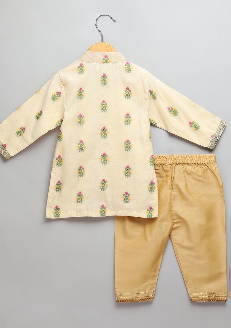 Beige Embroidered Cotton Silk Kurta Set Diwali For Boys