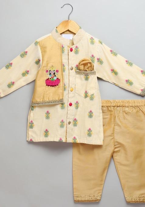 Beige Embroidered Cotton Silk Kurta Set Diwali For Boys