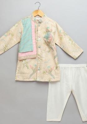 Beige Embroidered Cotton Silk Kurta Set For Boys