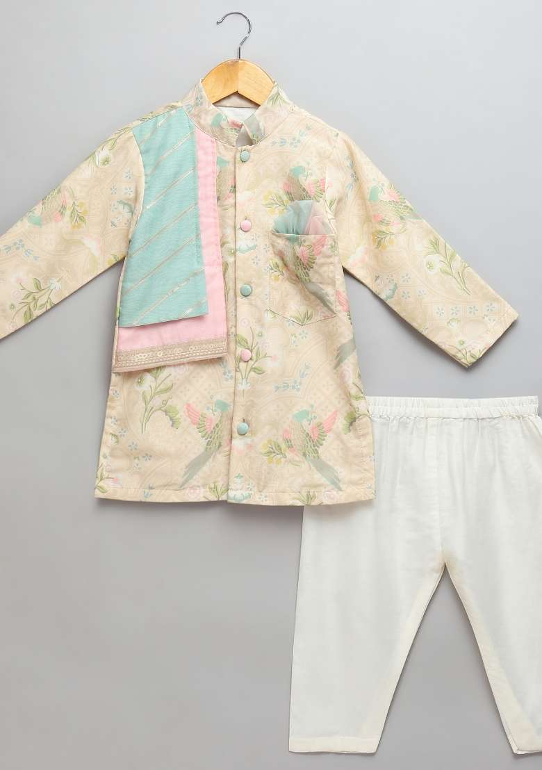 Beige Embroidered Cotton Silk Kurta Set For Boys - Indya
