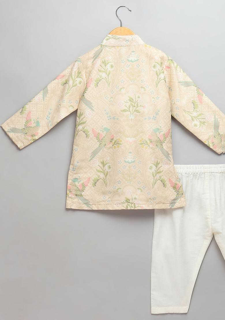 Beige Embroidered Cotton Silk Kurta Set For Boys