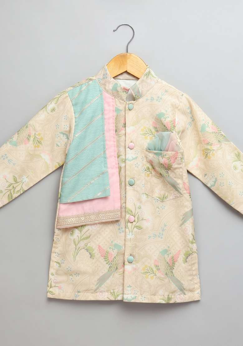 Beige Embroidered Cotton Silk Kurta Set For Boys - Indya