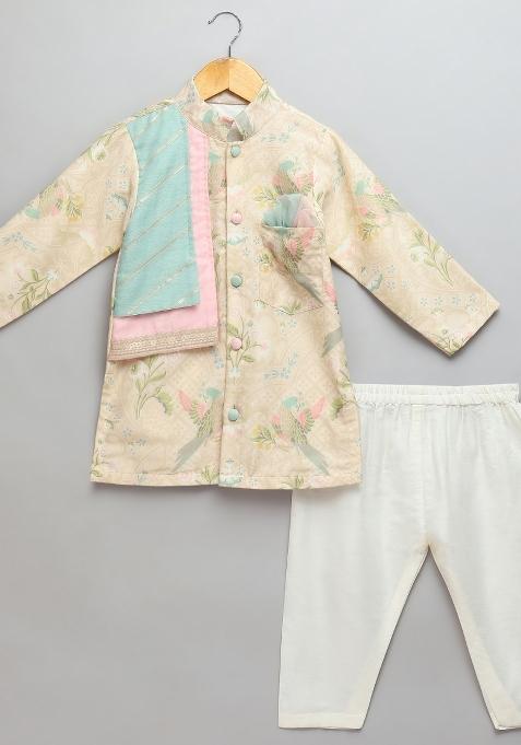 Beige Embroidered Cotton Silk Kurta Set For Boys
