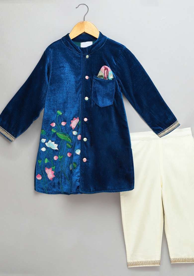 Blue Embroidered Velvet Bandhgala Set For Boys - Indya
