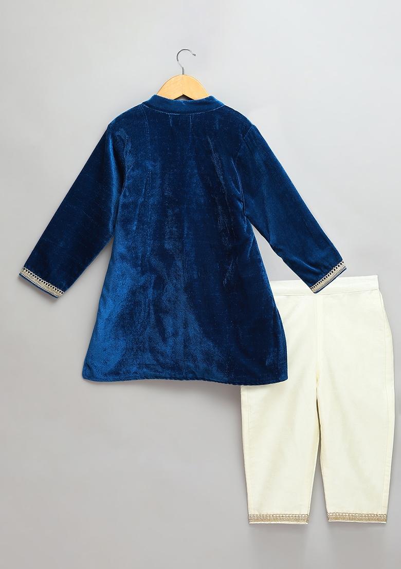 Blue Embroidered Velvet Bandhgala Set For Boys