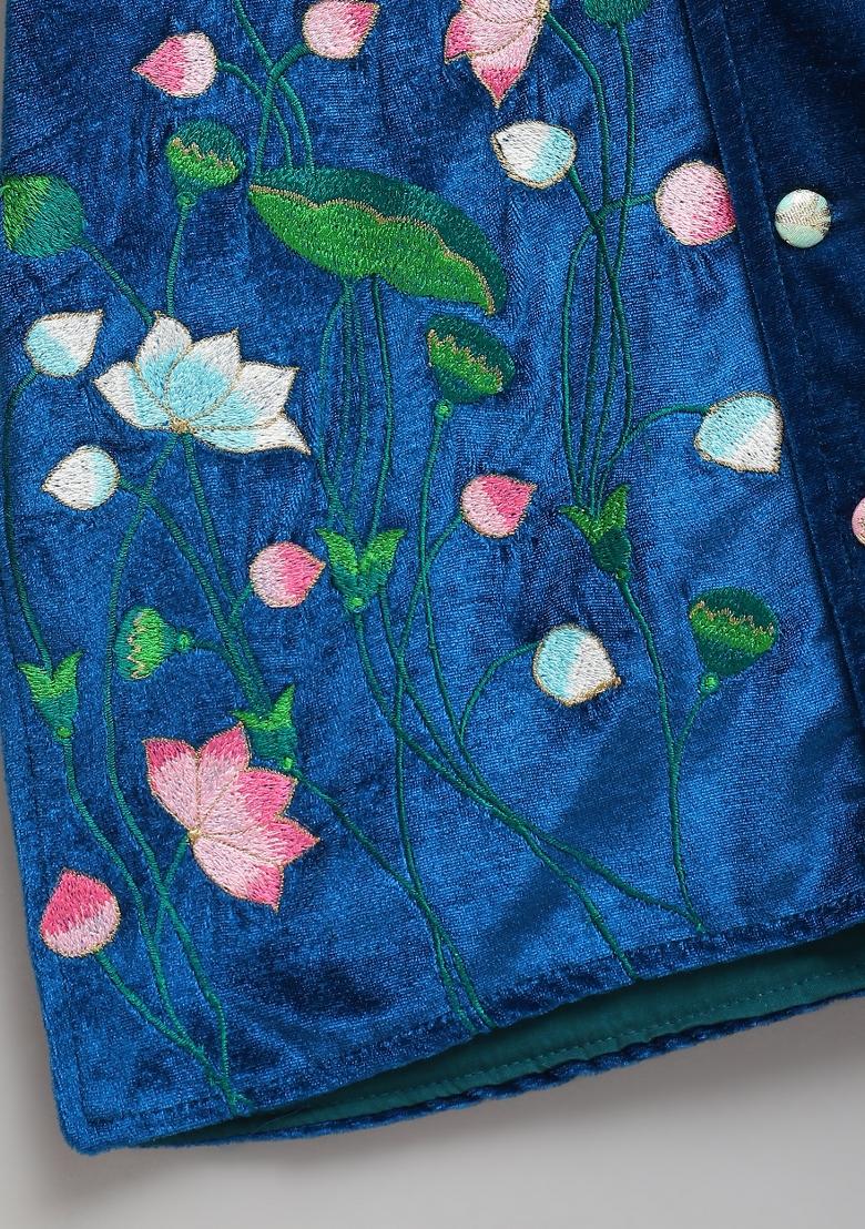 Blue Embroidered Velvet Bandhgala Set For Boys