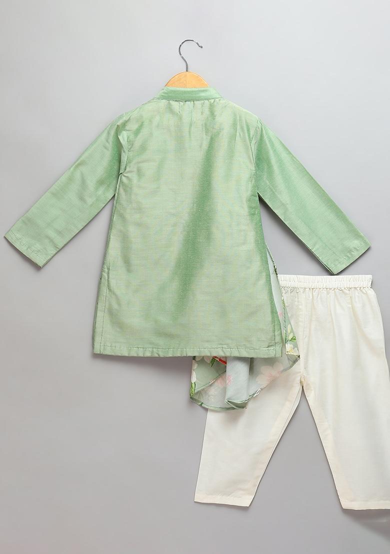 Green Embroidered Cotton Silk Kurta Set Eid For Boys