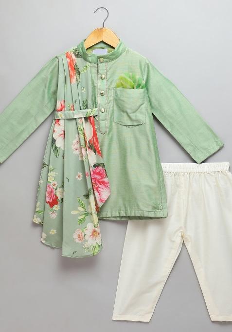 Green Embroidered Cotton Silk Kurta Set Eid For Boys