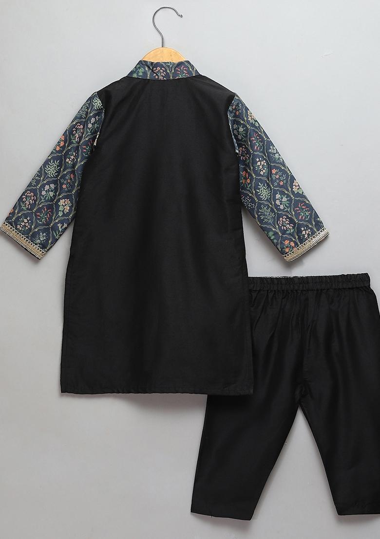 Black Embroidered Cotton Silk Kurta Set Eid For Boys