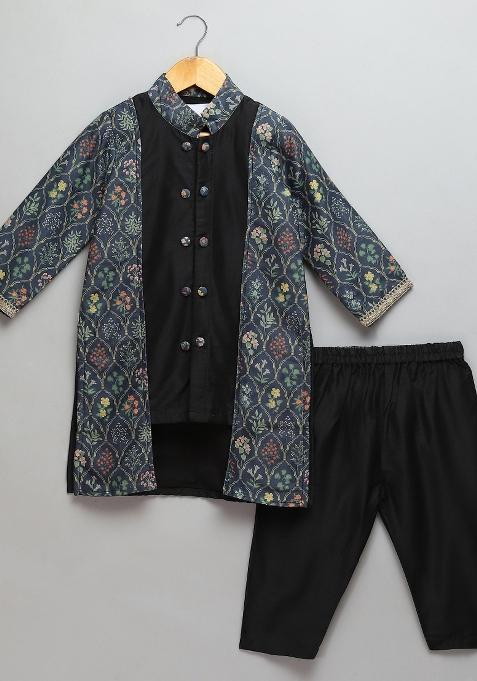 Black Embroidered Cotton Silk Kurta Set Eid For Boys