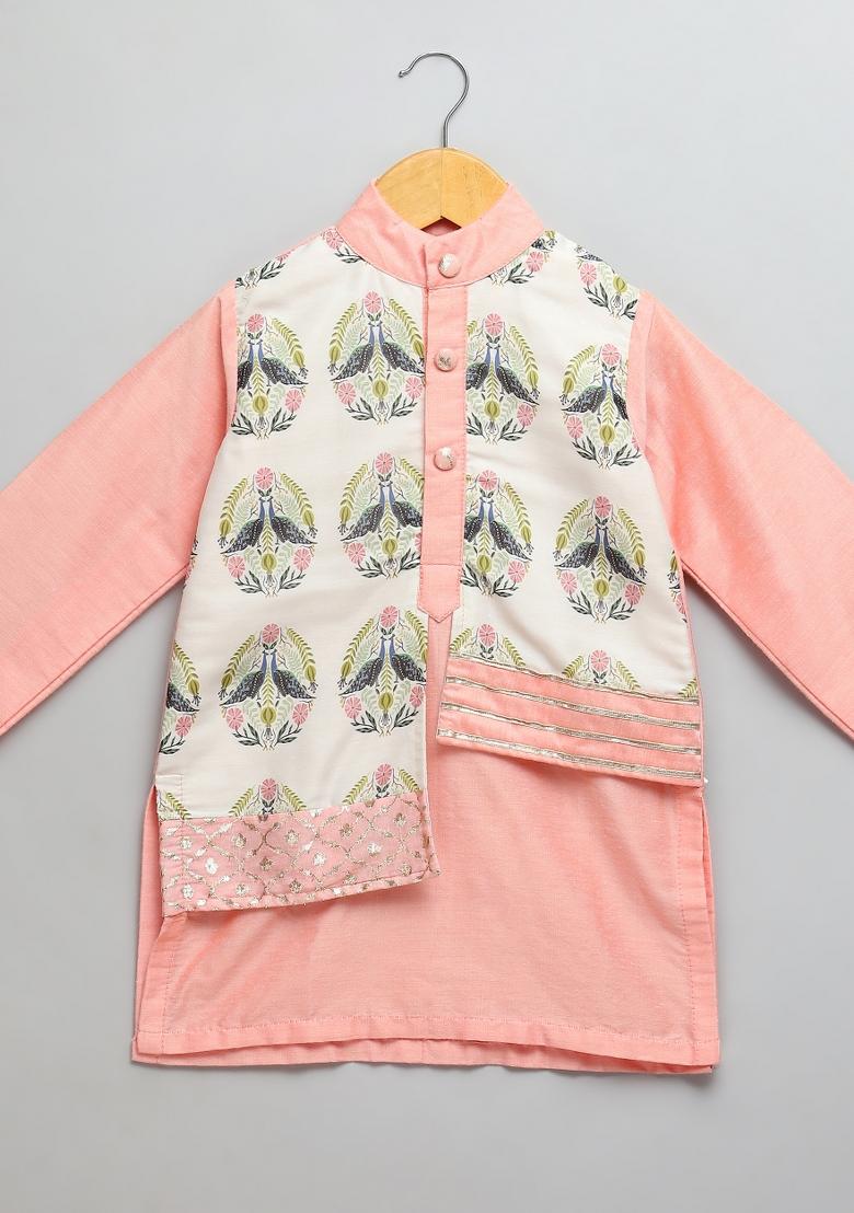 Peach Embroidered Cotton Silk Kurta Set For Boys