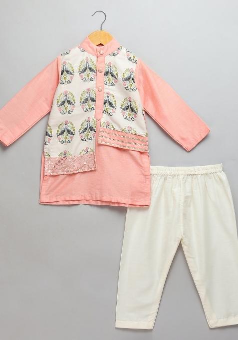 Peach Embroidered Cotton Silk Kurta Set For Boys