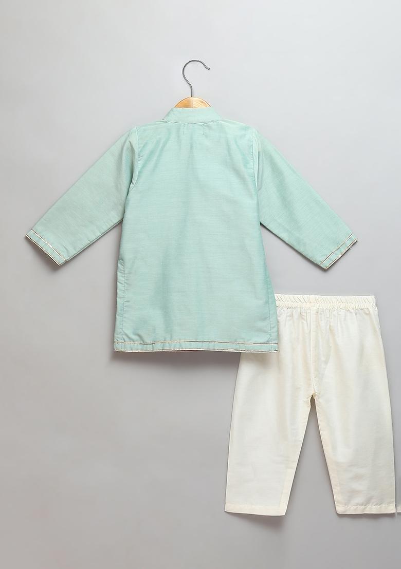 Green Embroidered Cotton Silk Kurta Set For Boys