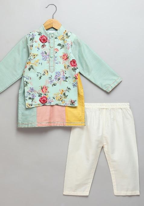 Green Embroidered Cotton Silk Kurta Set For Boys