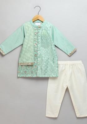 Green Embroidered Cotton Silk Kurta Set Eid For Boys