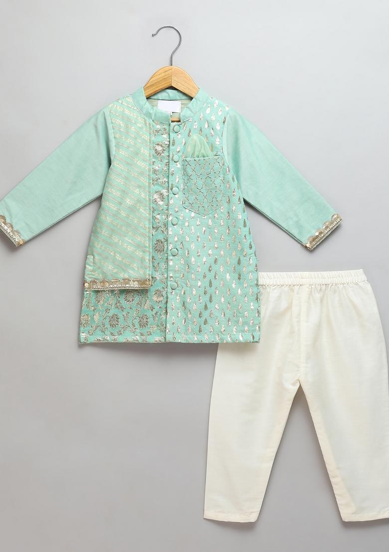 Green Embroidered Cotton Silk Kurta Set Eid For Boys
