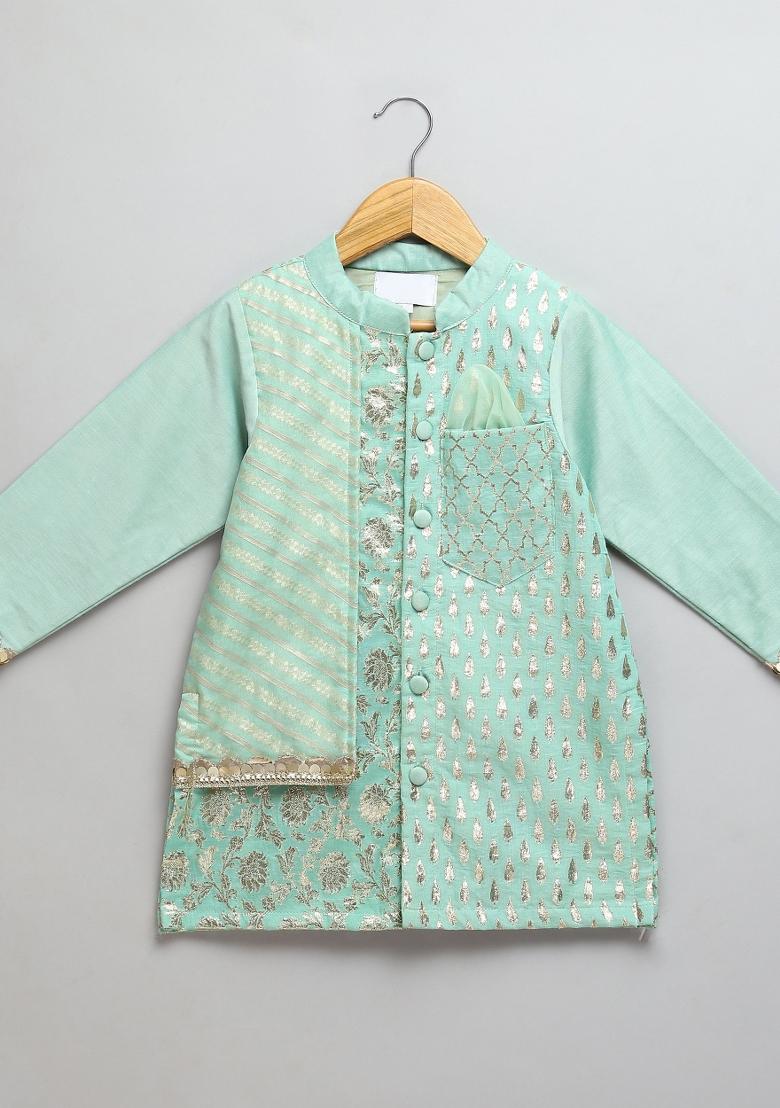 Green Embroidered Cotton Silk Kurta Set Eid For Boys