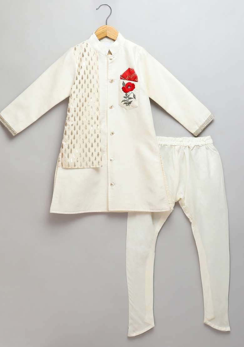 Off White Embroidered Cotton Silk Bandhgala Set For Boys - Indya
