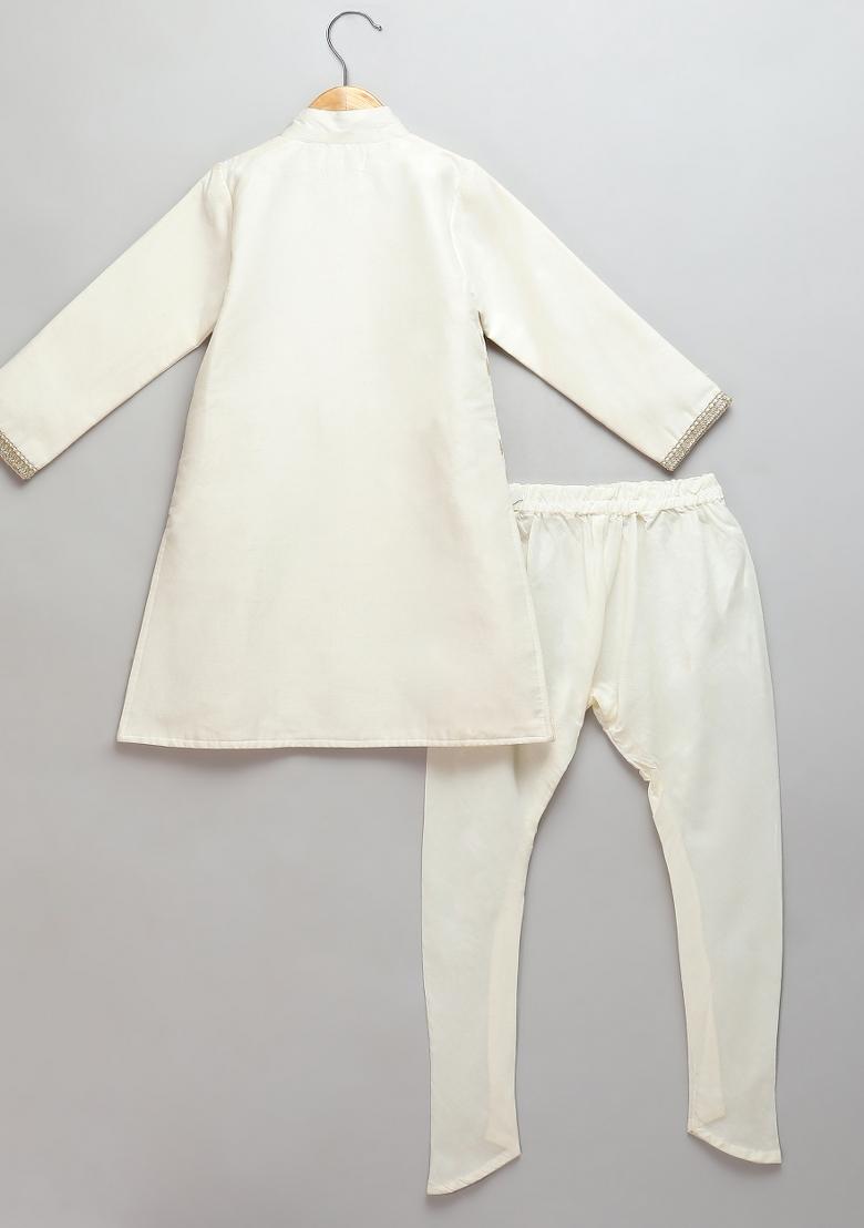 Off White Embroidered Cotton Silk Bandhgala Set For Boys