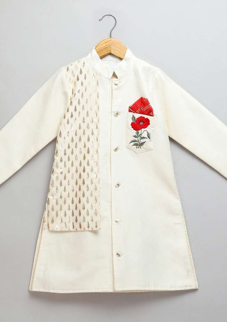 Off White Embroidered Cotton Silk Bandhgala Set For Boys - Indya