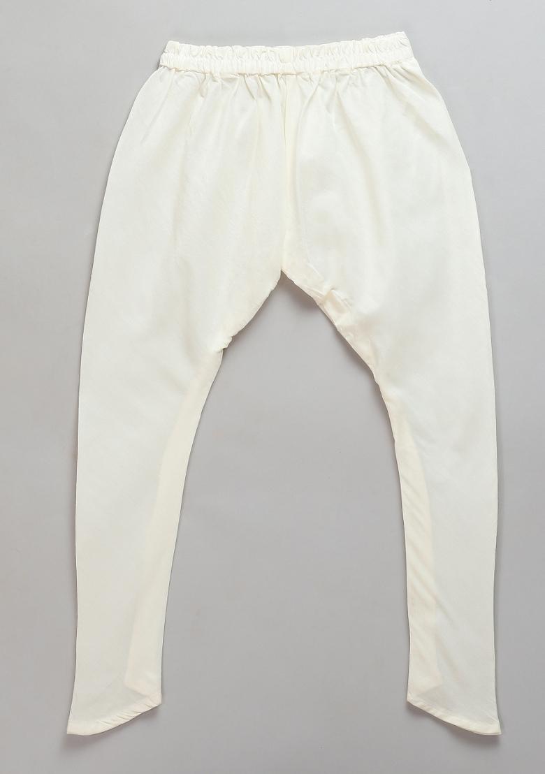 Off White Embroidered Cotton Silk Bandhgala Set For Boys