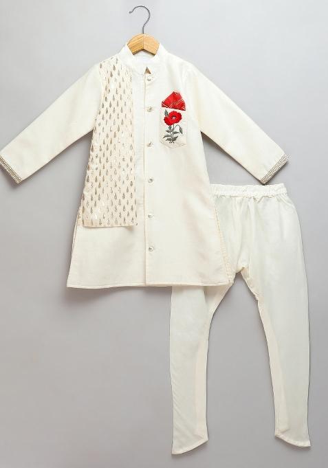 Off White Embroidered Cotton Silk Bandhgala Set For Boys