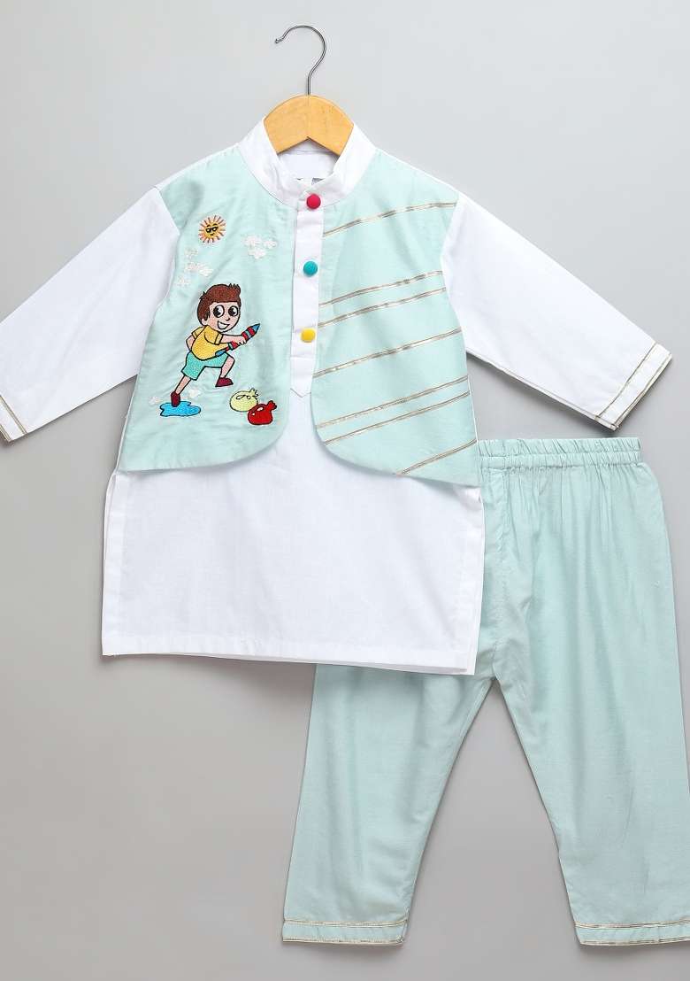 Blue Embroidered Cotton Kurta Set Holi For Boys - Indya