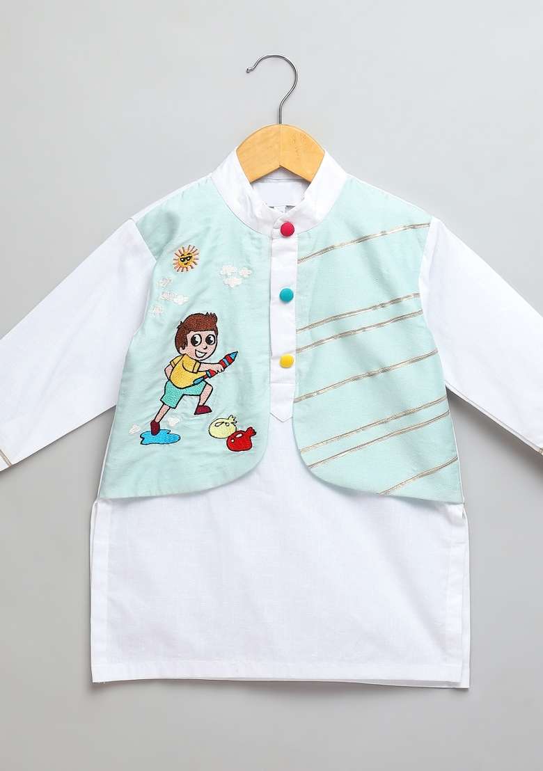 Blue Embroidered Cotton Kurta Set Holi For Boys - Indya
