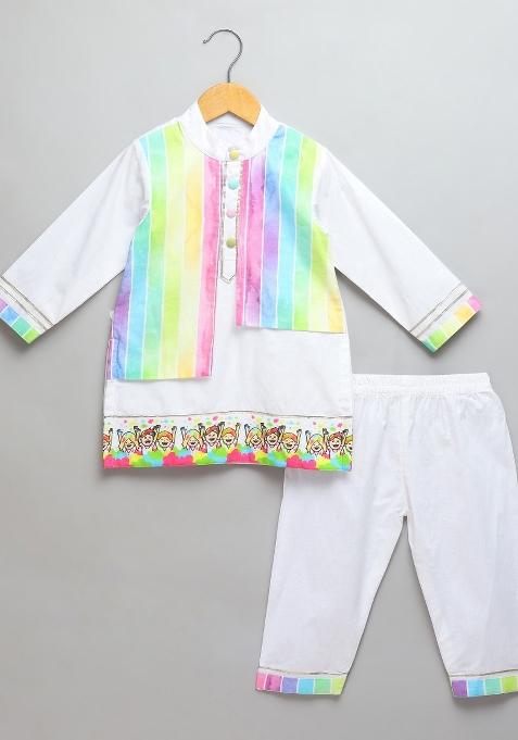 Offwhite Printed Cotton Kurta Set Holi For Boys
