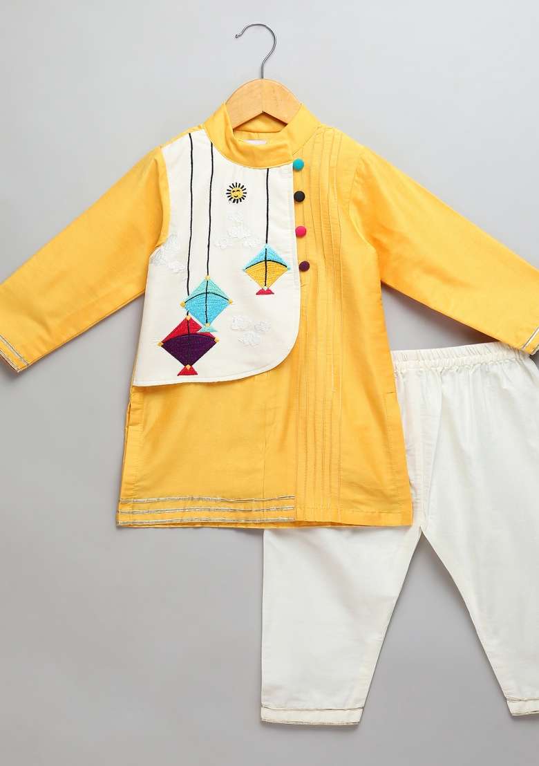 Yellow Embroidered Cotton Silk Kurta Set Makar Sankranti For Boys - Indya
