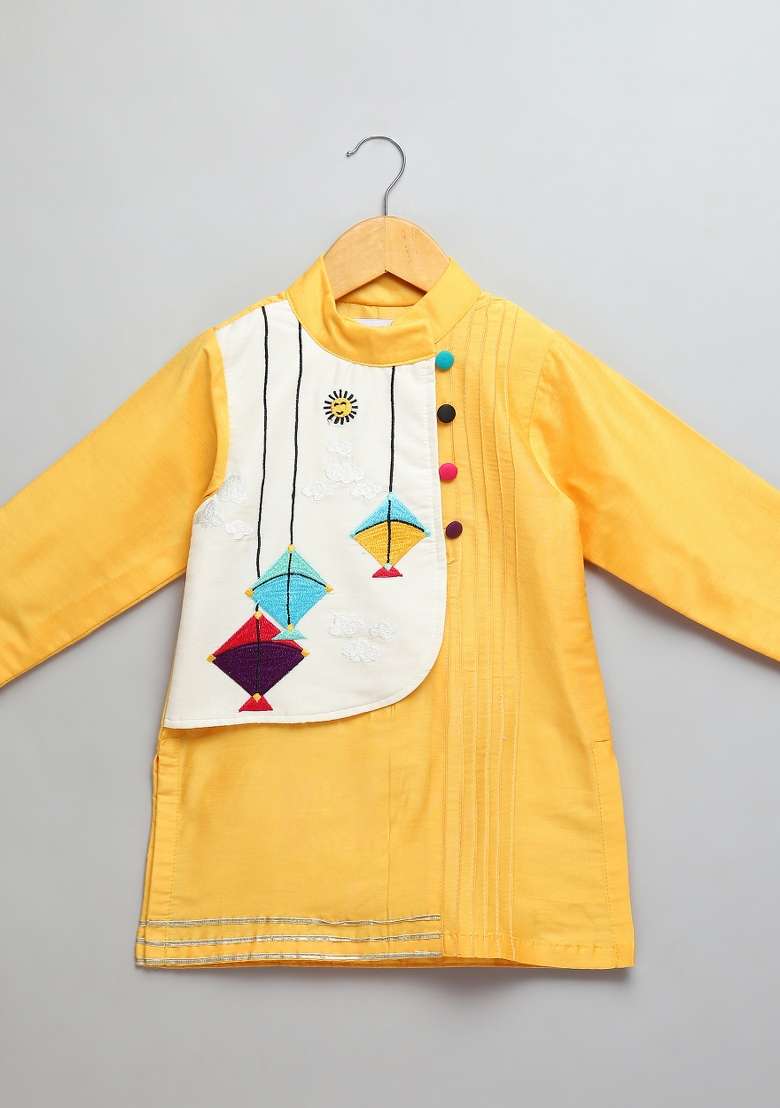 Yellow Embroidered Cotton Silk Kurta Set Makar Sankranti For Boys - Indya