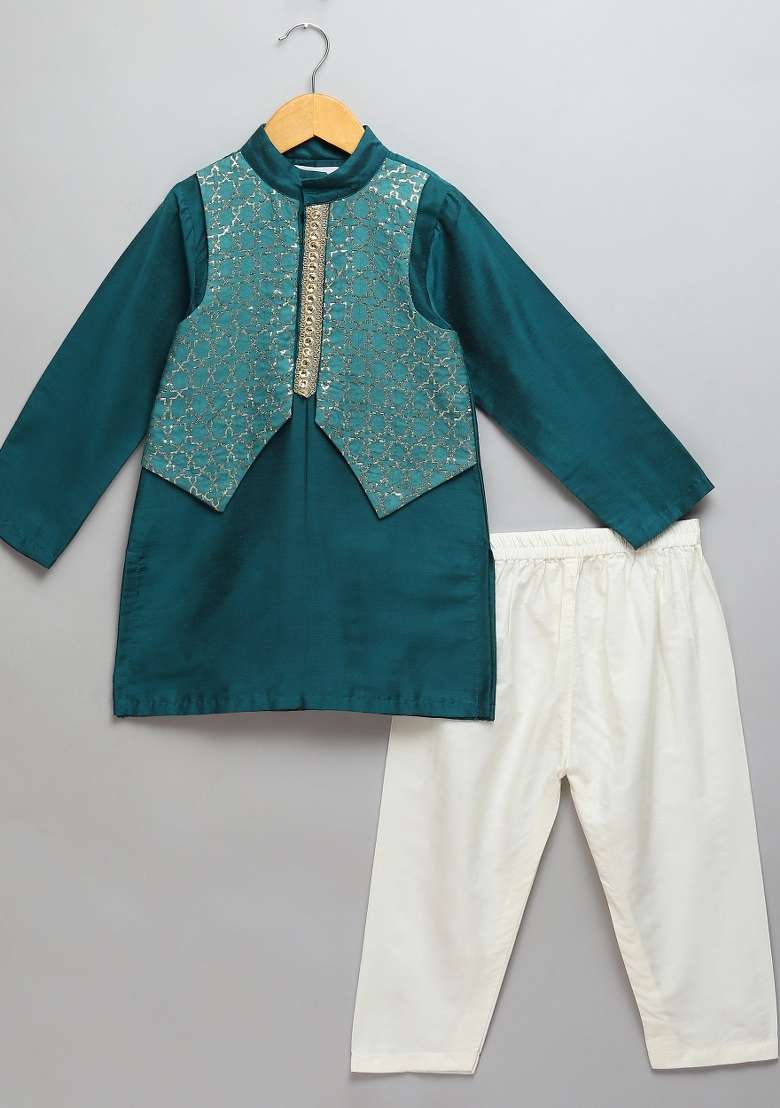 Bottle Green Embroidered Cotton Silk Kurta Set Eid For Boys - Indya