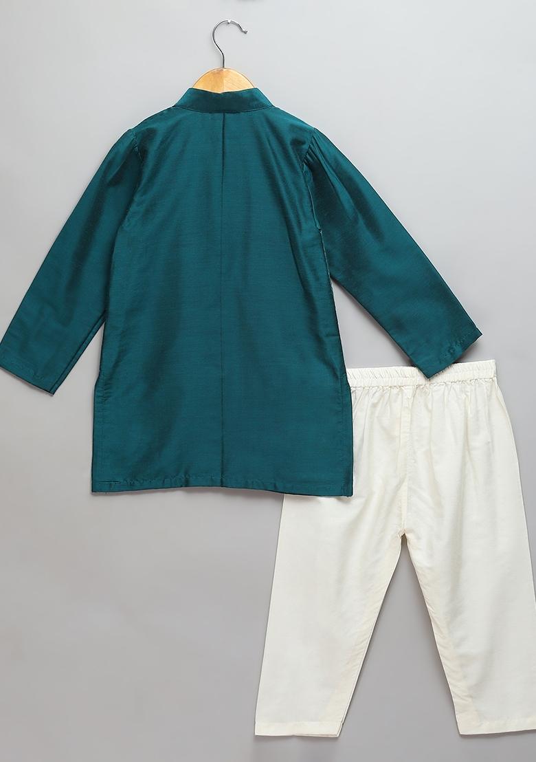 Bottle Green Embroidered Cotton Silk Kurta Set Eid For Boys