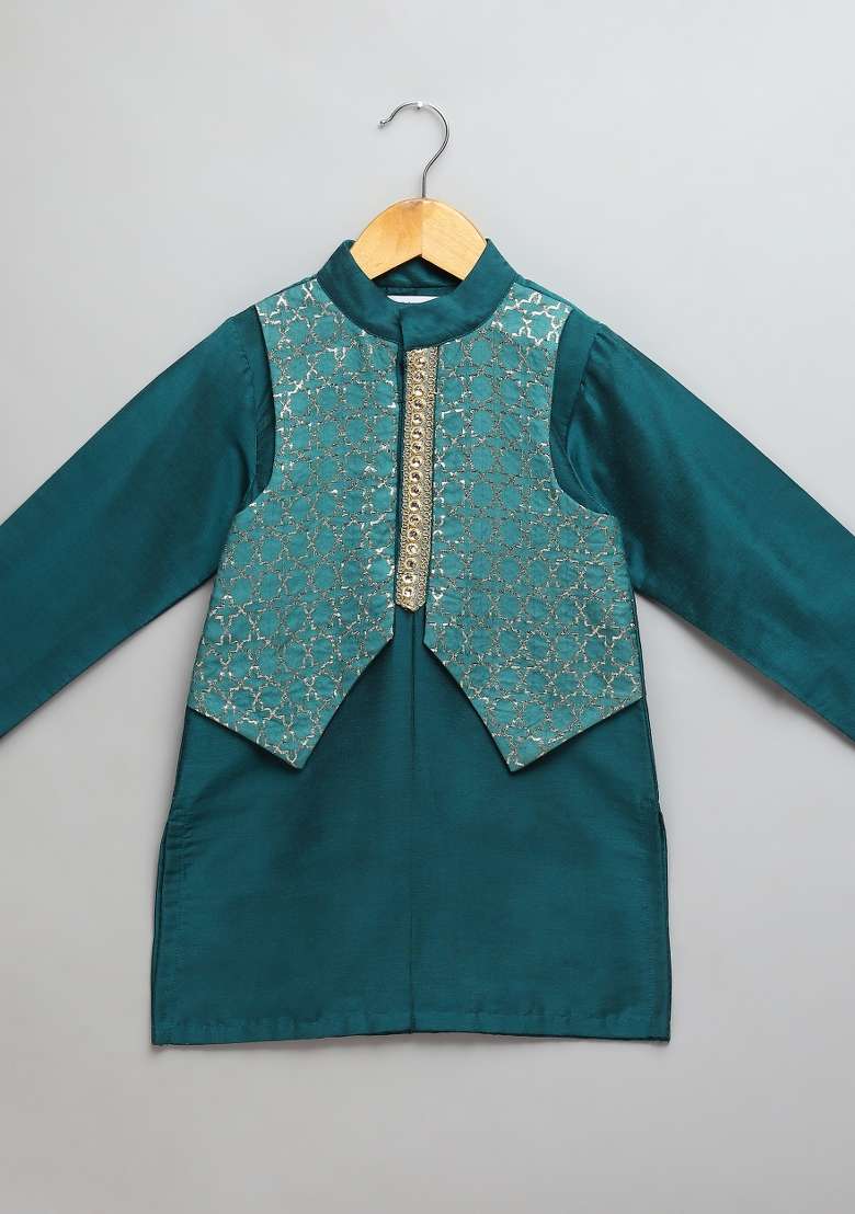 Bottle Green Embroidered Cotton Silk Kurta Set Eid For Boys - Indya