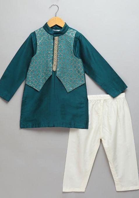 Bottle Green Embroidered Cotton Silk Kurta Set Eid For Boys