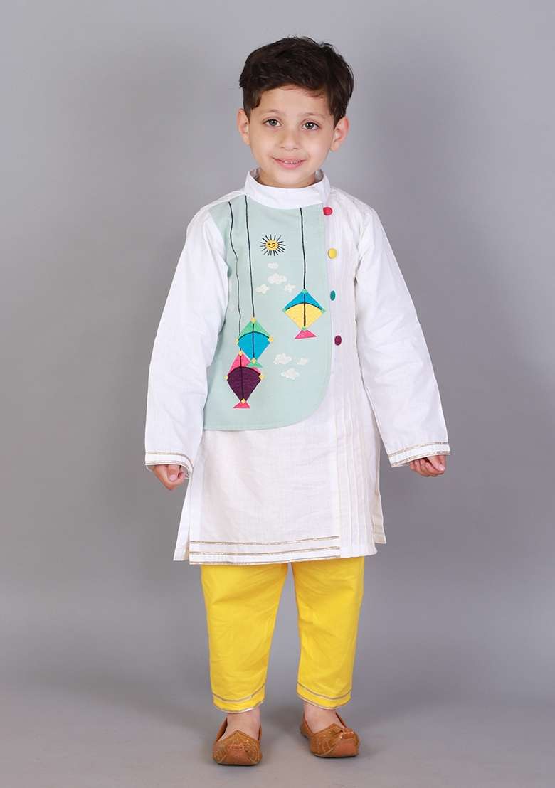 Yellow Embroidered Cotton Kurta Set Makar Sankranti For Boys - Indya