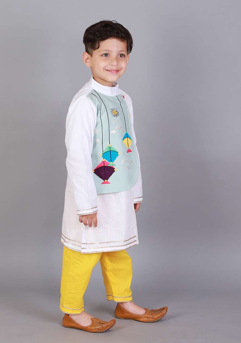 Yellow Embroidered Cotton Kurta Set Makar Sankranti For Boys - Indya