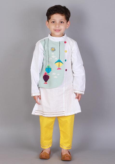 Yellow Embroidered Cotton Kurta Set Makar Sankranti For Boys