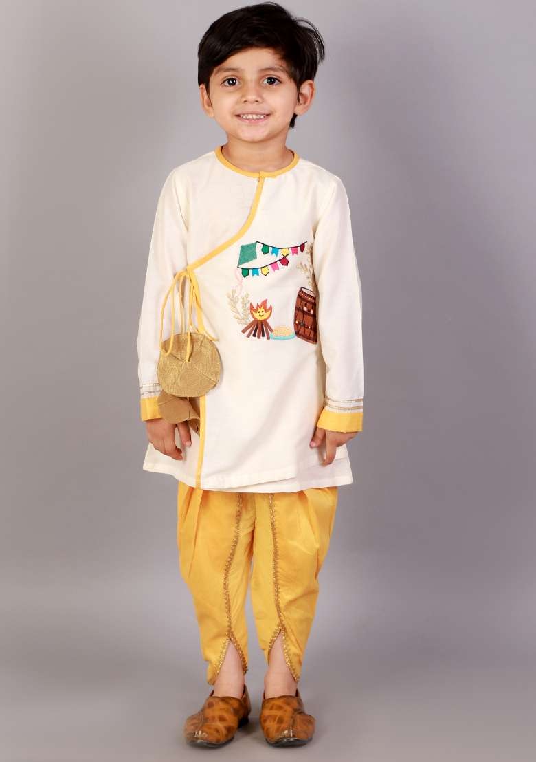 Off White Embroidered Cotton Silk Kurta Dhoti Set Lohri For Boys - Indya