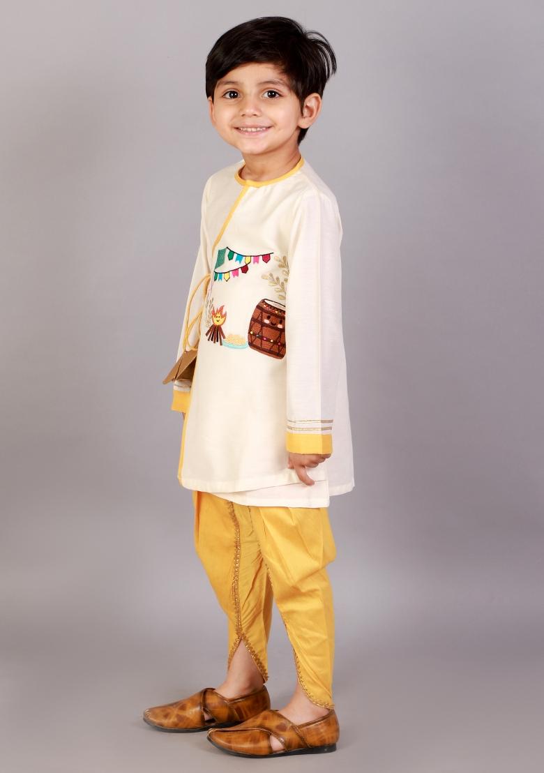 Off White Embroidered Cotton Silk Kurta Dhoti Set Lohri For Boys