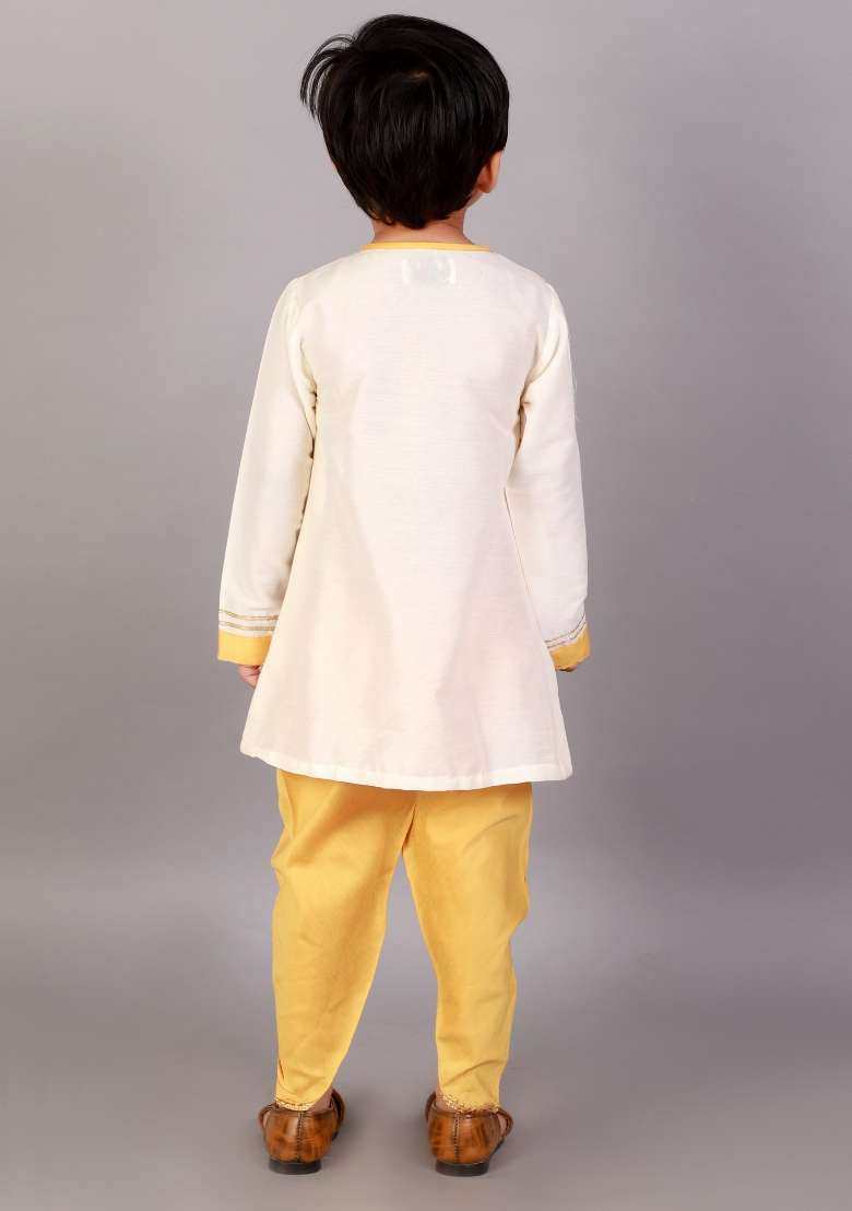Off White Embroidered Cotton Silk Kurta Dhoti Set Lohri For Boys - Indya