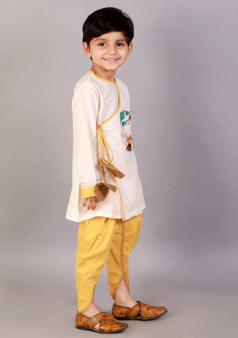 Off White Embroidered Cotton Silk Kurta Dhoti Set Lohri For Boys